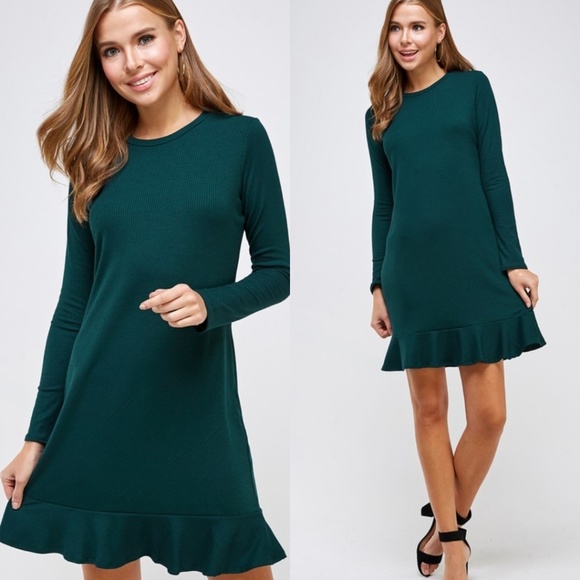 Hunter green ribbed ruffle hem dress - Picture 3 of 6